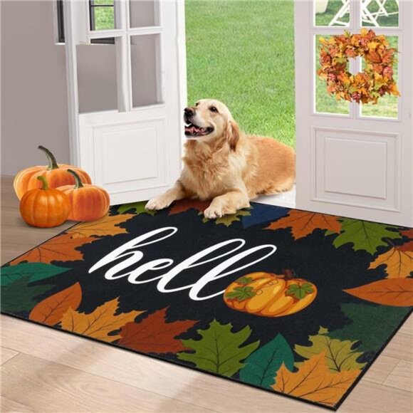 Fall Door Mat 32"x48" Non Slip Pumpkin Welcome Doormat Buffalo Plaid Doormats - Picture 1 of 7